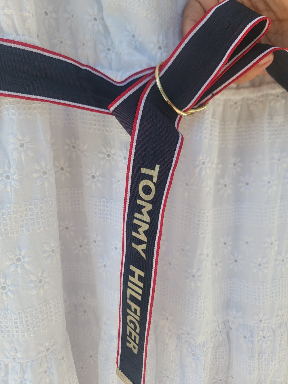 Tommy Hilfiger White Eyelet Midi Dress Logo Ribbon Belt Size 14 Tea Party chic - Picture 4 of 14